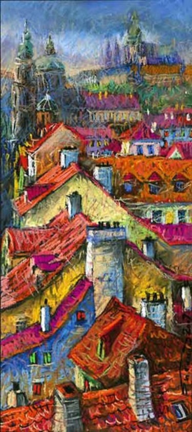Painting titled "Prague Roofs 02" by Yuriy Shevchuk, Original Artwork, Pastel