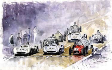 Painting titled "Red Car Maserati 25…" by Yuriy Shevchuk, Original Artwork, Watercolor