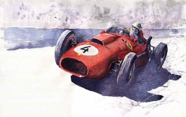 Painting titled "Ferrari 246 Mike Ha…" by Yuriy Shevchuk, Original Artwork, Watercolor