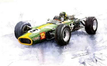 Painting titled "Lotus 49 Ford F1 Ji…" by Yuriy Shevchuk, Original Artwork, Watercolor