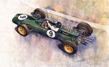 Pintura intitulada "Lotus 25 F1 Jim Cla…" por Yuriy Shevchuk, Obras de arte originais, Aquarela