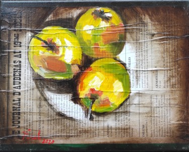 Painting titled "Les pommes" by Farkhondeh Sheibanikia (Farah), Original Artwork, Oil Mounted on Wood Stretcher frame