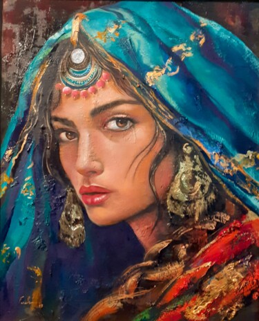 Painting titled "La fille gitane" by Farkhondeh Sheibanikia (Farah), Original Artwork, Oil Mounted on Wood Stretcher frame