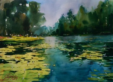 Painting titled "Water lily" by Shiju Kolikkandi Kolikkandi, Original Artwork, Watercolor