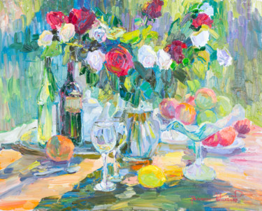 Картина под названием "Розы и критское вино" - Василий Шиханов, Подлинное произведение искусства, Масло