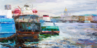Картина под названием "Корабли на Неве" - Василий Шиханов, Подлинное произведение искусства, Масло