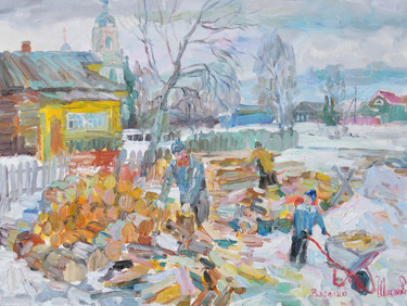 Картина под названием "Сельские заботы" - Василий Шиханов, Подлинное произведение искусства, Масло Установлен на Деревянная…