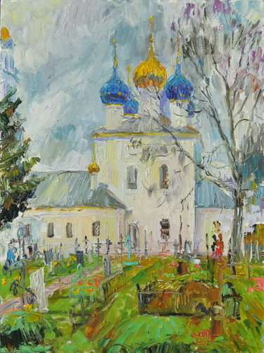 Painting titled "На кладбище у Яковл…" by Vasilii Shikhanov, Original Artwork, Oil Mounted on Wood Stretcher frame