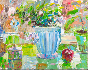 Картина под названием "Домашние цветы" - Василий Шиханов, Подлинное произведение искусства, Масло Установлен на Деревянная р…