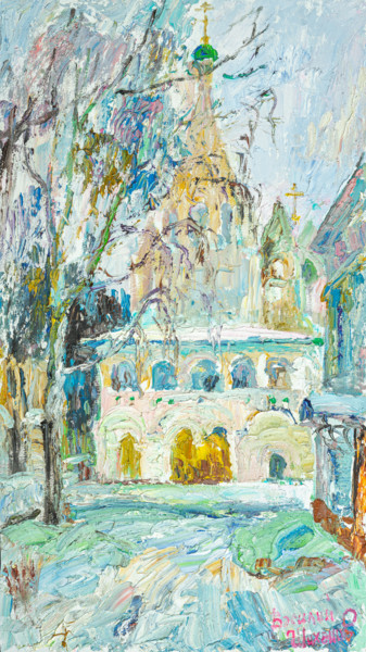 Картина под названием "Колокольня церкви Р…" - Василий Шиханов, Подлинное произведение искусства, Масло Установлен на Деревя…
