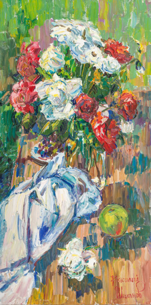 Peinture intitulée "розы в полуденный з…" par Vasilii Shikhanov, Œuvre d'art originale, Huile Monté sur Châssis en bois