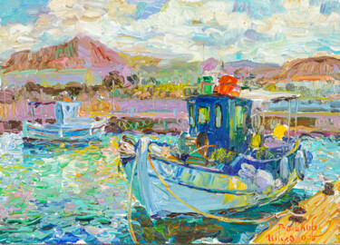 Pintura titulada "Рыбацкие лодки в Go…" por Vasilii Shikhanov, Obra de arte original, Oleo Montado en Bastidor de camilla de…