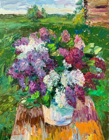 Painting titled "«Деревенская сирень»" by Василий Шиханов, Original Artwork, Oil Mounted on Wood Stretcher frame