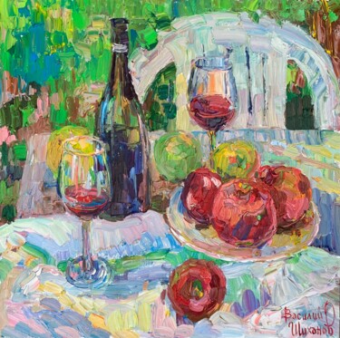 Painting titled "«Вино и фрукты.»" by Vasilii Shikhanov, Original Artwork, Oil Mounted on Wood Stretcher frame
