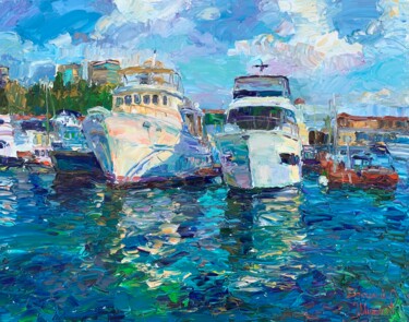 Картина под названием "«Морской порт в Соч…" - Василий Шиханов, Подлинное произведение искусства, Масло Установлен на Деревя…