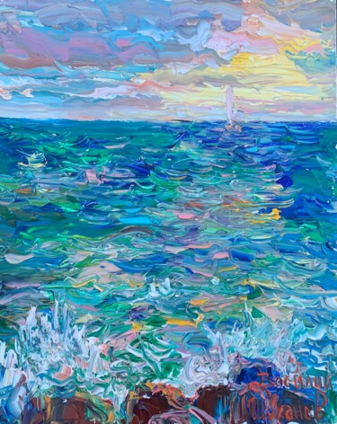 Картина под названием "«Море в Адлере. Зах…" - Василий Шиханов, Подлинное произведение искусства, Масло Установлен на Деревя…
