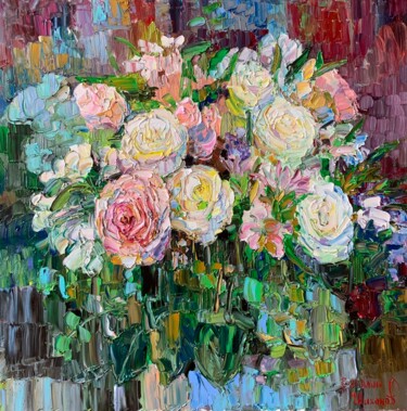 Pintura intitulada "Розы на фоне ночног…" por Vasilii Shikhanov, Obras de arte originais, Óleo