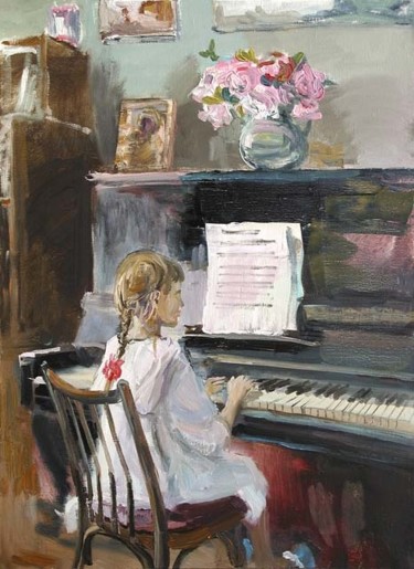 Painting titled "Юный музыкант" by Vasilii Shikhanov, Original Artwork