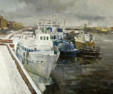 Картина под названием "Корабли у причала" - Василий Шиханов, Подлинное произведение искусства