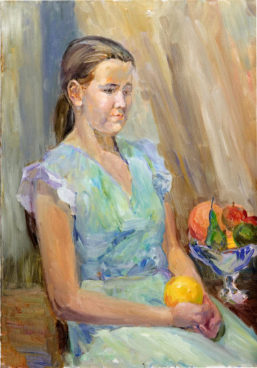 Painting titled "Девочка и фрукты" by Vasilii Shikhanov, Original Artwork