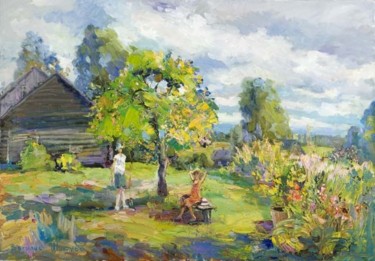 Картина под названием "Девочки под яблоней" - Василий Шиханов, Подлинное произведение искусства