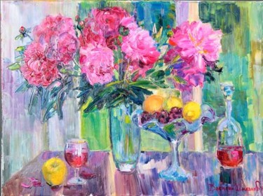 Картина под названием "Пионы фрукты и крас…" - Василий Шиханов, Подлинное произведение искусства