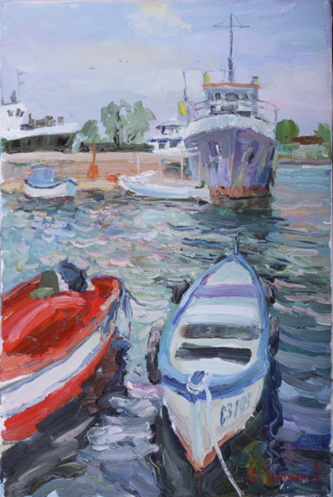 Картина под названием "Корабли и лодки в С…" - Василий Шиханов, Подлинное произведение искусства, Масло