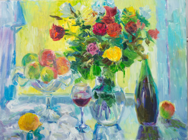Картина под названием "Розы у окна" - Василий Шиханов, Подлинное произведение искусства, Масло