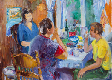 Картина под названием "Семья за столом" х.…" - Василий Шиханов, Подлинное произведение искусства