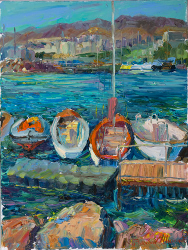 Painting titled ""Лодки в Яхт-клубе"…" by Vasilii Shikhanov, Original Artwork, Oil Mounted on Wood Stretcher frame
