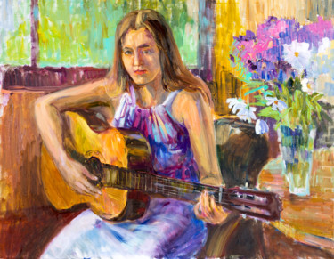 Картина под названием "Девушка с гитарой" - Василий Шиханов, Подлинное произведение искусства, Масло