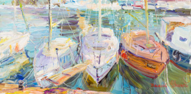 Картина под названием "Яхты при вечернем с…" - Василий Шиханов, Подлинное произведение искусства, Масло