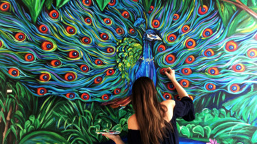 Schilderij getiteld "Peacock Mural" door Jessica Shilling, Origineel Kunstwerk, Acryl