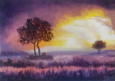 Painting titled "Atardecer violeta" by Mercedes Gordo, Original Artwork, Oil