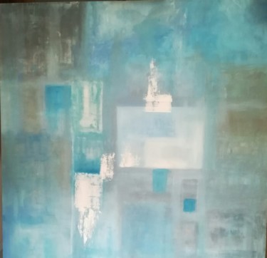 Painting titled "Blue Abstract" by Mercedes Gordo, Original Artwork, Oil Mounted on Wood Panel