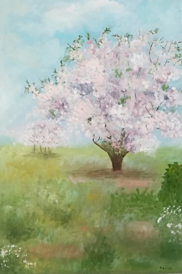 Painting titled "Mi cerezo" by Mercedes Gordo, Original Artwork, Oil Mounted on Wood Panel