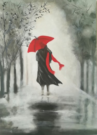 Painting titled "Me and my umbrella" by Mercedes Gordo, Original Artwork, Oil Mounted on Wood Panel