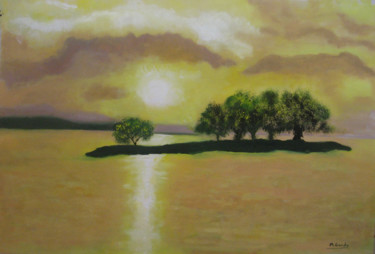 Pintura titulada "Sunset on the lagoon" por Mercedes Gordo, Obra de arte original, Oleo Montado en Panel de madera