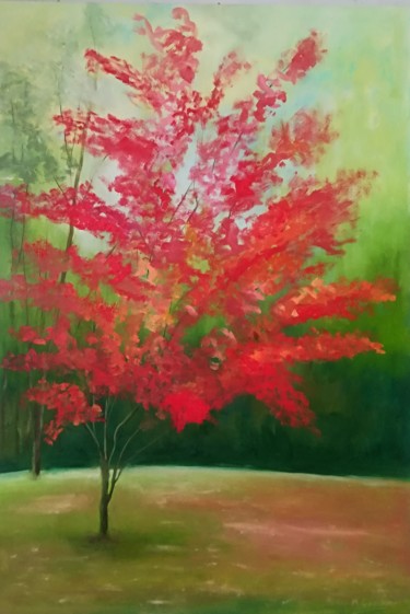 Painting titled "Mi arbol rojo" by Mercedes Gordo, Original Artwork, Oil