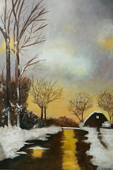 Painting titled "Nieve en la cabaña" by Mercedes Gordo, Original Artwork, Oil