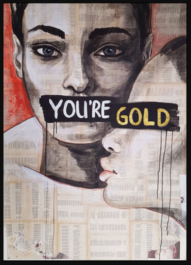 Schilderij getiteld "GOLD" door Shirin Donia, Origineel Kunstwerk, Acryl Gemonteerd op Houten paneel