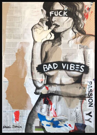 Painting titled "BAD VIBES" by Shirin Donia, Original Artwork, Acrylic Mounted on Wood Panel