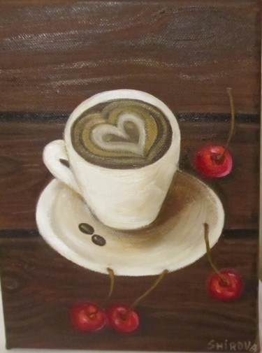 Painting titled "Coffee with cherries" by Tatiana Shirova, Original Artwork, Oil