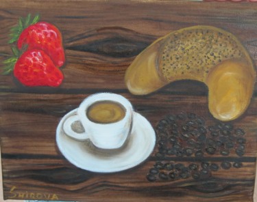 Painting titled "Coffee with croissa…" by Tatiana Shirova, Original Artwork, Oil