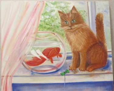 Painting titled "Cat and Goldfish" by Tatiana Shirova, Original Artwork, Oil
