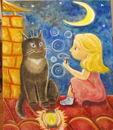 Malarstwo zatytułowany „Girl. Cat and soap…” autorstwa Tatiana Shirova, Oryginalna praca, Olej