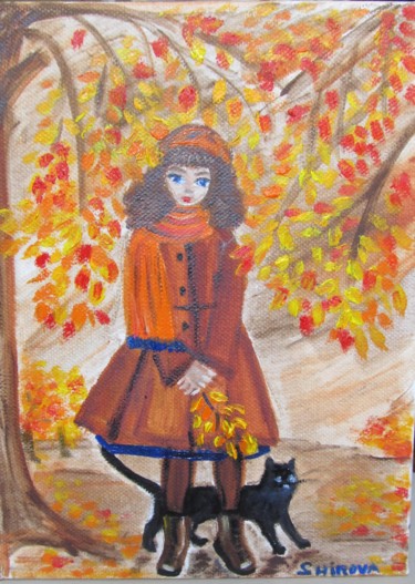 Картина под названием "Autumn walk with a…" - Tatiana Shirova, Подлинное произведение искусства, Масло