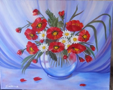 Painting titled "Bouquet from poppies" by Tatiana Shirova, Original Artwork, Oil