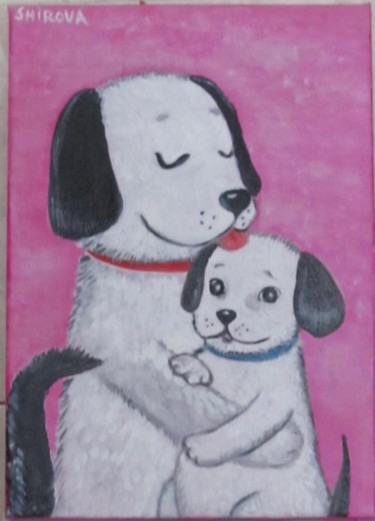 Malerei mit dem Titel "Puppy with mom" von Tatiana Shirova, Original-Kunstwerk, Öl