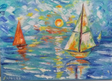 Malerei mit dem Titel "Boats in the sea" von Tatiana Shirova, Original-Kunstwerk, Öl